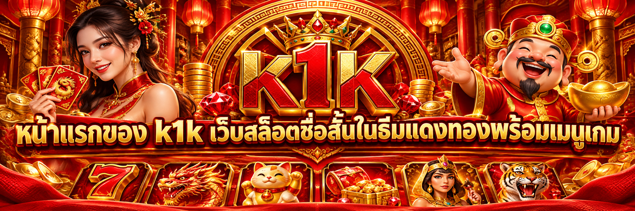 หน้าแรกของ k1k เว็บสล็อตชื่อสั้นในธีมแดงทองพร้อมเมนูเกม