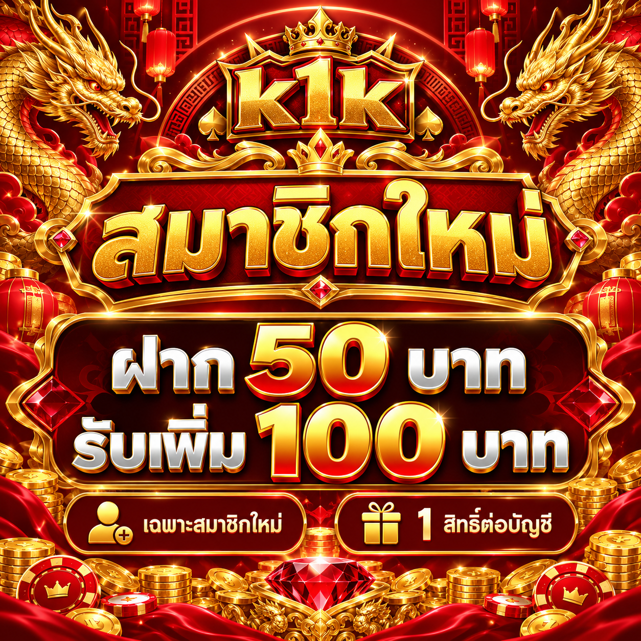 โปรโมชั่น k1k สมาชิกใหม่ ฝาก 50 บาท รับเพิ่ม 100 บาท